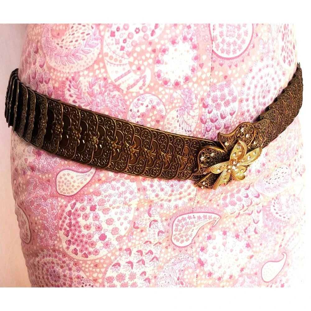 VINTAGE METAL SCALLOPED ELASTIC BELT RHINESTONES FLOWER BUCKLE HANDCRAFTED